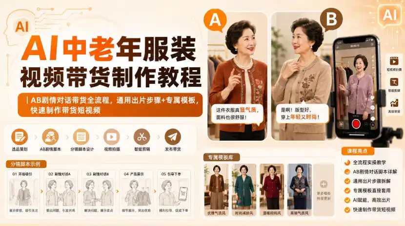 AI中老年服装视频带货制作教程｜AB剧情对话带货全流程，通用出片步骤+专属模板，快速制作带货短视频-星云网创