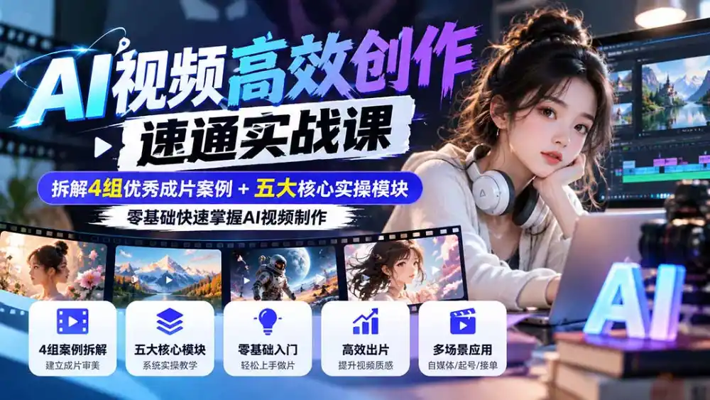 【无水印】AI视频高效创作速通实战课：拆解4组优秀成片案例+五大核心实操模块，零基础快速掌握AI视频制作-星云网创