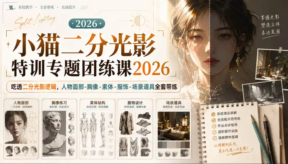 小猫二分光影特训专题团练课2026｜吃透二分光影逻辑，人物面部‑胸像‑素体‑服饰‑场景道具全套带练，高清画质附赠课件与笔刷-星云网创