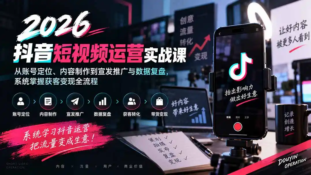2026抖音短视频运营实战课：从账号定位、内容制作到宣发推广与数据复盘，系统掌握获客变现全流程-星云网创