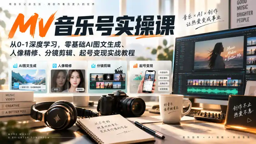 AI MV音乐号实操课，从0-1深度学习，零基础AI图文生成、人像精修、分镜剪辑、起号变现实战教程-星云网创
