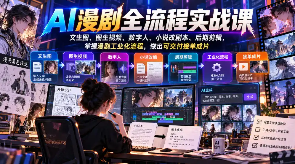 AI漫剧全流程实战课，文生图、图生视频、数字人、小说改剧本、后期剪辑，掌握漫剧工业化流程，做出可交付接单成片-星云网创