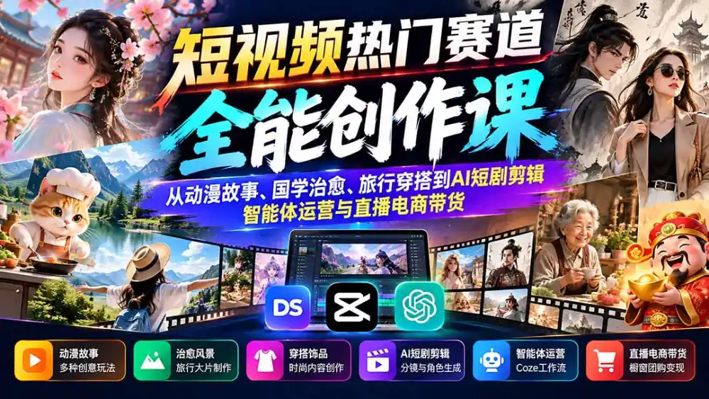 短视频热门赛道全能创作课：从动漫故事、国学治愈、旅行穿搭到AI短剧剪辑、智能体运营与直播电商带货-星云网创
