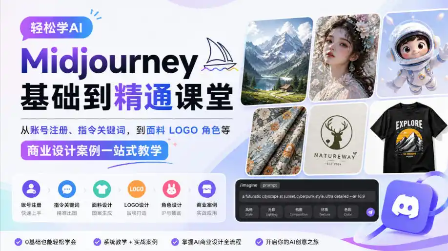 轻松学AI Midjourney基础到精通课堂,从账号注册、指令关键词,到面料LOGO角色等商业设计案例一站式教学-星云网创