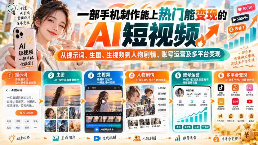 【无水印】一部手机制作能上热门能变现的AI短视频，从提示词、生图、生视频到人物剧情、账号运营及多平台变现-星云网创