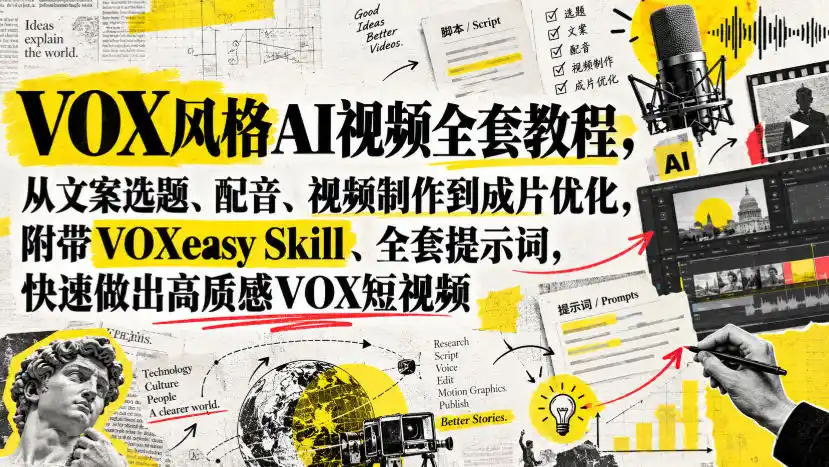 VOX风格AI视频全套教程，从文案选题、配音、视频制作到成片优化，附带VOXeasy Skill、全套提示词，快速做出高质感VOX短视频-星云网创