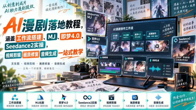 AI漫剧落地教程，涵盖工作流搭建、MJ、即梦4.0、Seedance2实操，视频剪辑画质修复音频生成一站式教学-星云网创