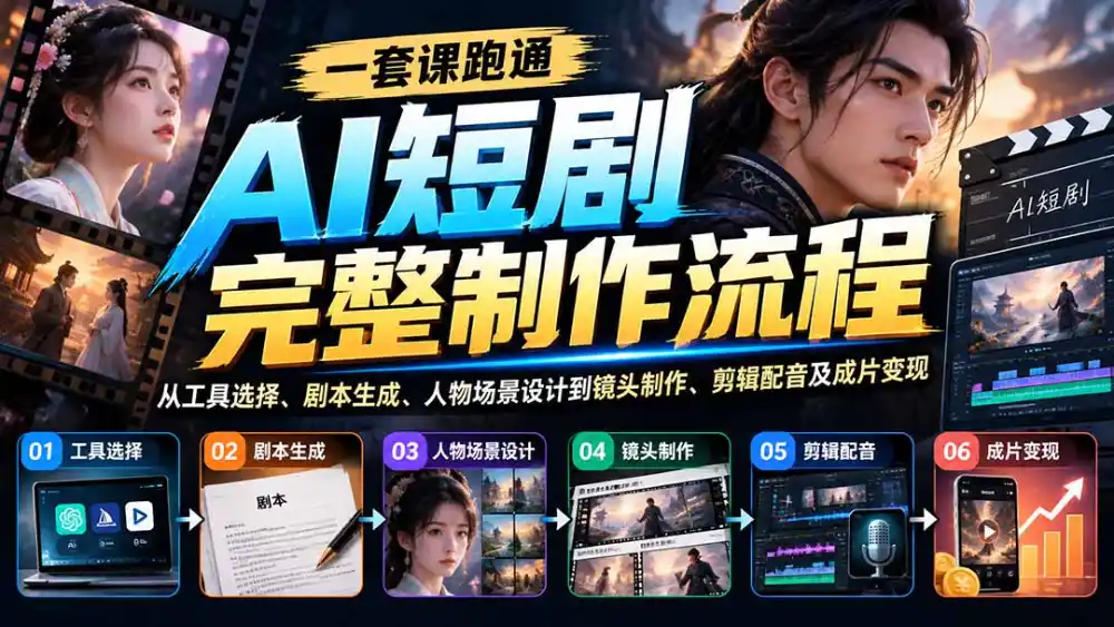 一套课跑通AI短剧完整制作流程:从工具选择、剧本生成、人物场景设计到镜头制作、剪辑配音及成片变现-星云网创