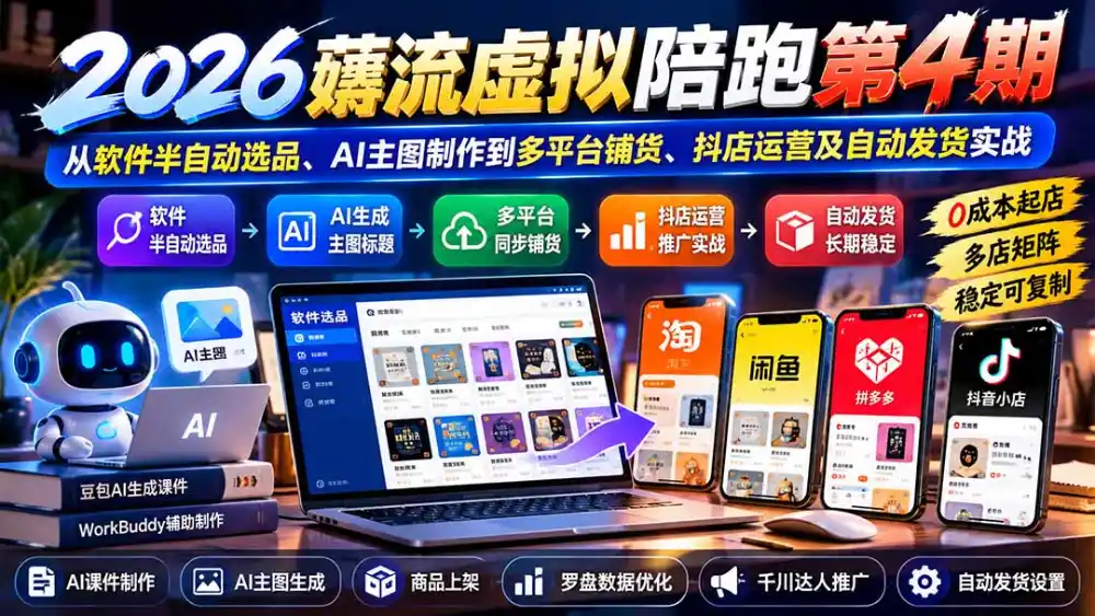 2026薅流虚拟陪跑第4期：从软件半自动选品、AI主图制作到多平台铺货、抖店运营及自动发货实战-星云网创