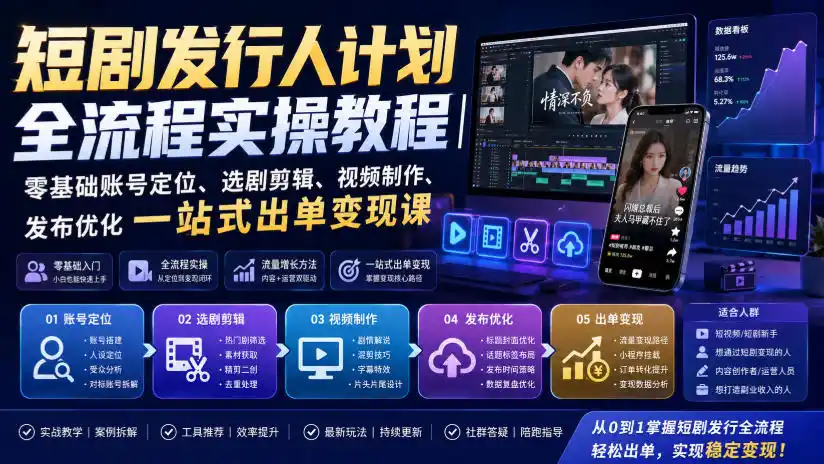 短剧发行人计划全流程实操教程｜零基础账号定位、选剧剪辑、视频制作、发布优化一站式出单变现课-星云网创