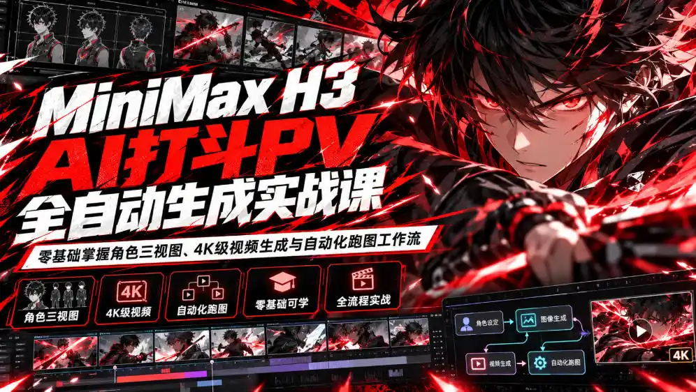 MiniMax H3 AI打斗PV全自动生成实战课：零基础掌握角色三视图、4K级视频生成与自动化跑图工作流-星云网创