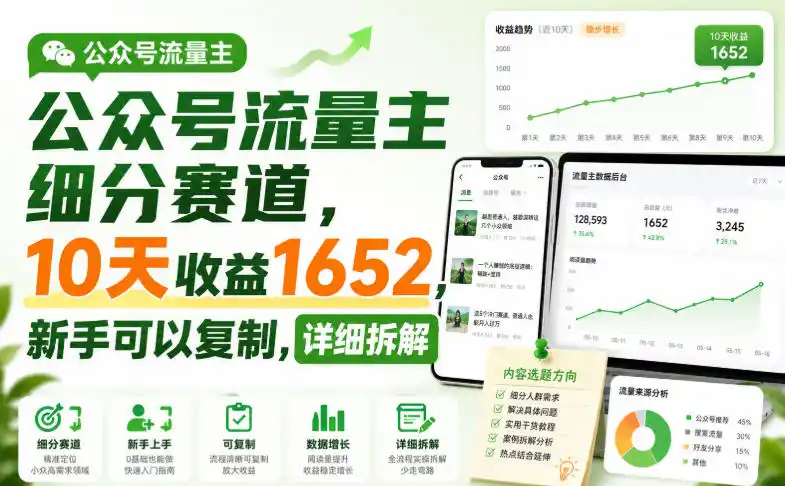 公众号流量主细分赛道，10天收益1652，新手可以复制，详细拆解-星云网创