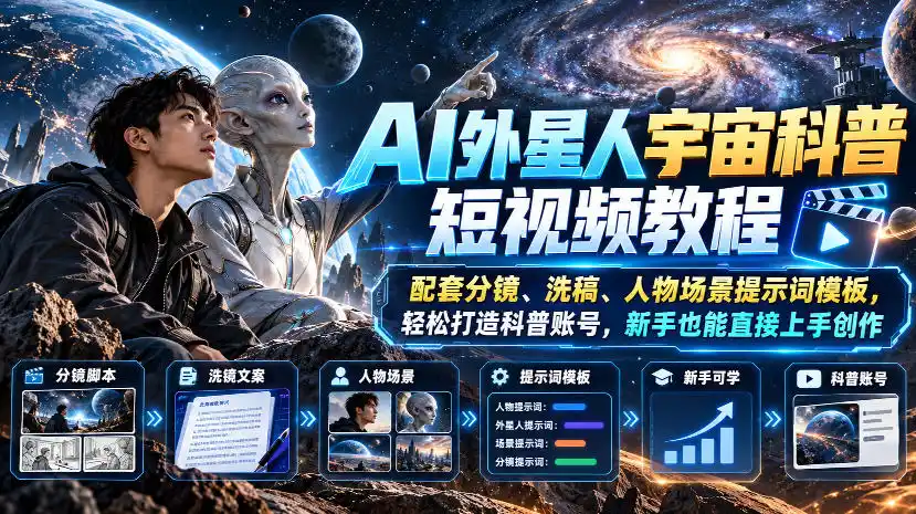 AI外星人宇宙科普短视频教程,配套分镜、洗稿、人物场景提示词模板,轻松打造科普账号,新手也能直接上手创作-星云网创