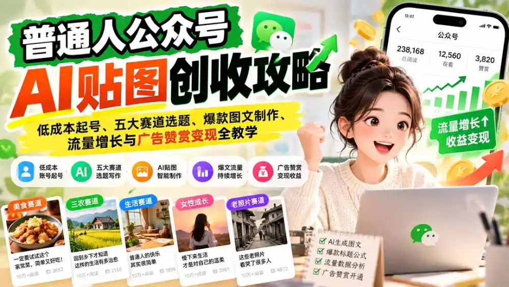 普通人公众号AI贴图创收攻略：低成本起号、五大赛道选题、爆款图文制作、流量增长与广告赞赏变现全教学-星云网创