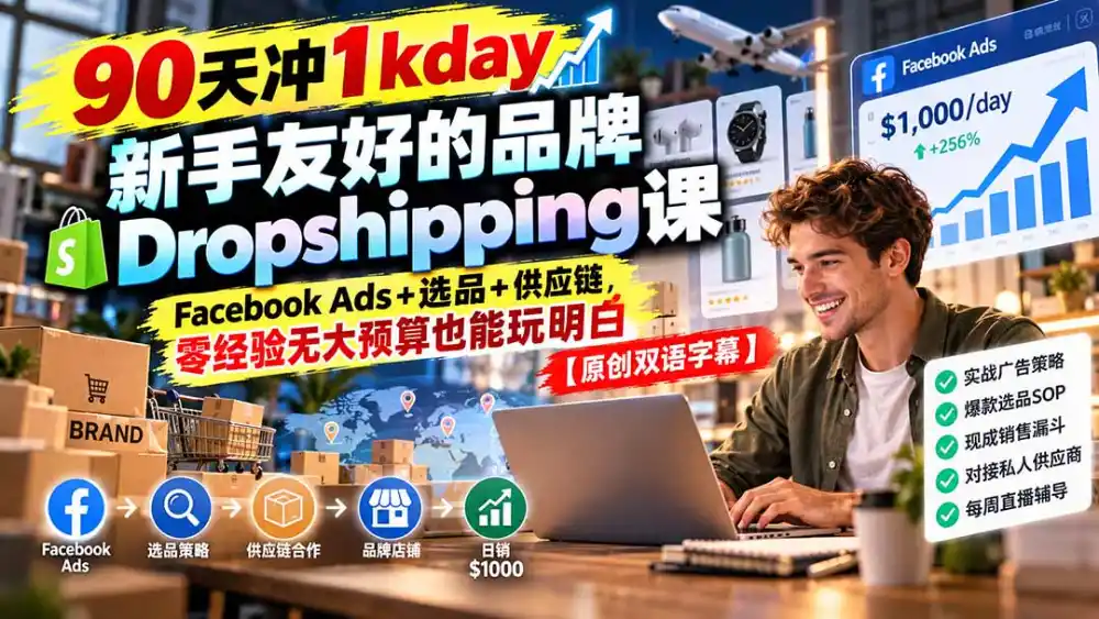90天冲1kday 新手友好的品牌Dropshipping课：Facebook Ads+选品+供应链，零经验无大预算也能玩明白【原创双语字幕】-星云网创