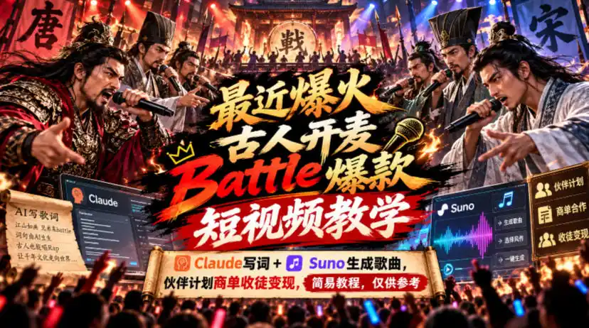 最近爆火古人开麦Battle爆款短视频教学，Claude写词+Suno生成歌曲，伙伴计划商单收徒变现，简易教程，仅供参考-星云网创