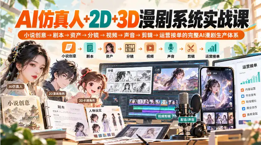 【无水印】AI仿真人+2D+3D漫剧系统实战课，小说创意→剧本→资产→分镜→视频→声音→剪辑→运营接单的完整AI漫剧生产体系-星云网创