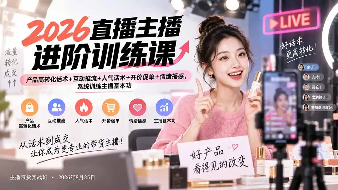 2026直播主播进阶训练课：产品高转化话术+互动推流+人气话术+开价促单+情绪播感，系统训练主播基本功-星云网创