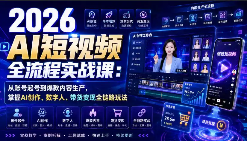 2026 AI短视频全流程实战课：从账号起号到爆款内容生产，掌握AI创作、数字人、带货变现全链路玩法-星云网创
