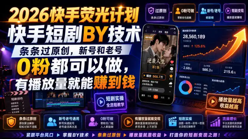 2026快手荧光计划，快手短剧搬运技术，条条过原创，新号和老号0粉都可以做，有播放量就能賺到钱-星云网创