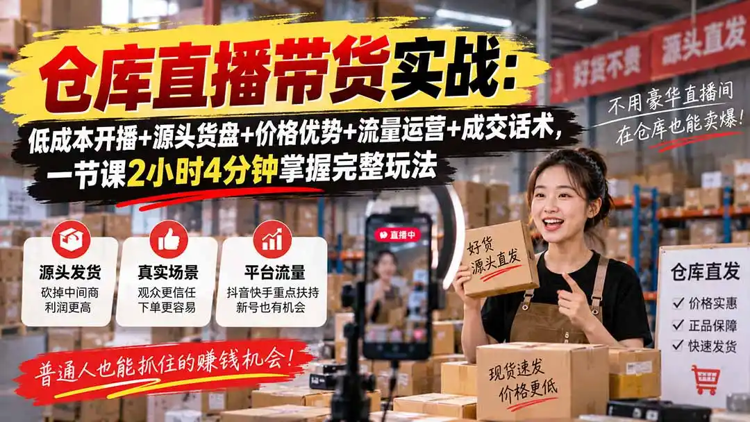 仓库直播带货实战：低成本开播+源头货盘+价格优势+流量运营+成交话术，一节课2小时4分钟掌握完整玩法-星云网创