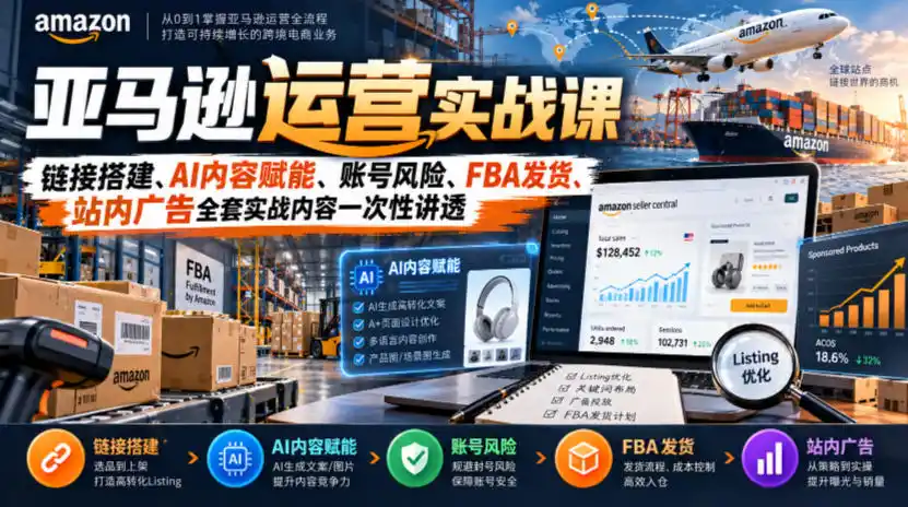 亚马逊运营实战课，链接搭建、AI内容赋能、账号风险、FBA发货、站内广告全套实战内容一次性讲透-星云网创