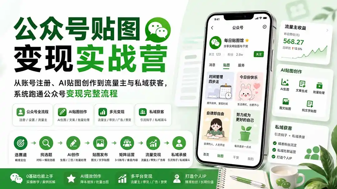 公众号贴图变现实战营：从账号注册、AI贴图创作到流量主与私域获客，系统跑通公众号变现完整流程-星云网创