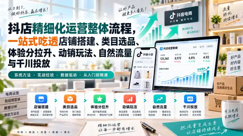 李哥电商-抖店精细化运营整体流程，一站式吃透店铺搭建、类目选品、体验分拉升、动销玩法、自然流量与千川投放-星云网创