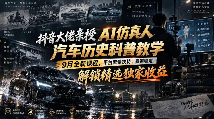 抖音大佬亲授AI仿真人汽车历史科普教学,9月全新课程,平台流量扶持,赛道稳定,解锁精选独家收益-星云网创