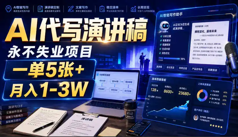 AI代写演讲稿，永不失业项目，一单5张+，月入1-3W【揭秘】-星云网创
