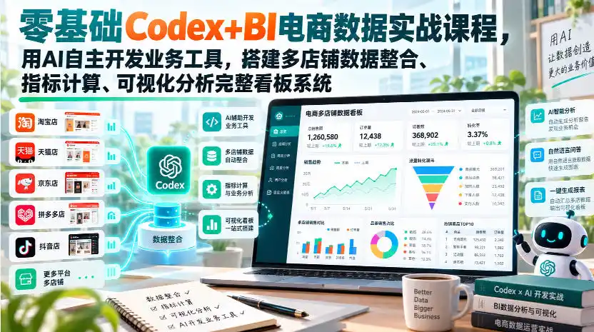 零基础Codex+BI电商数据实战课程，用AI自主开发业务工具，搭建多店铺数据整合、指标计算、可视化分析完整看板系统-星云网创
