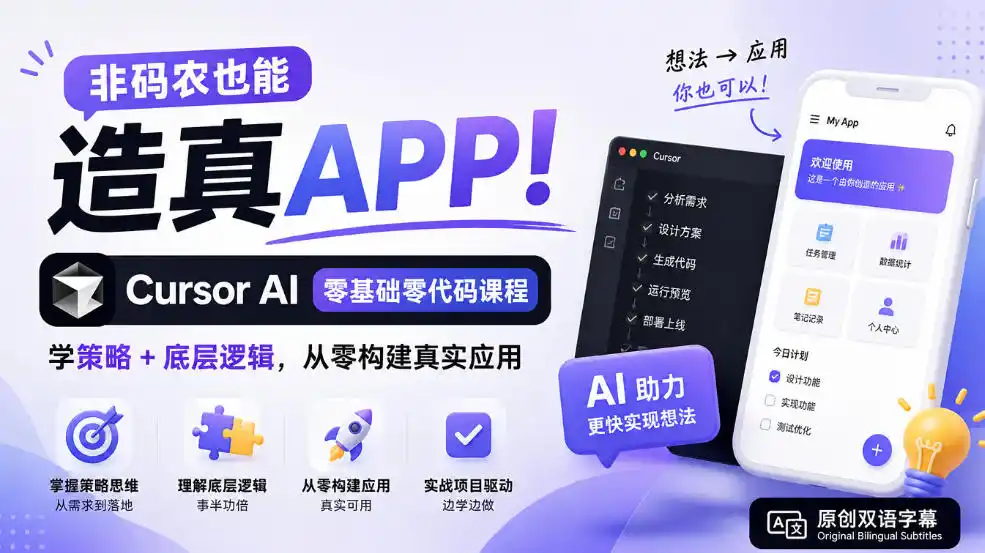 非码农也能造真APP！Cursor AI零基础零代码课程：学策略+底层逻辑，从零构建真实应用【原创双语字幕】-星云网创