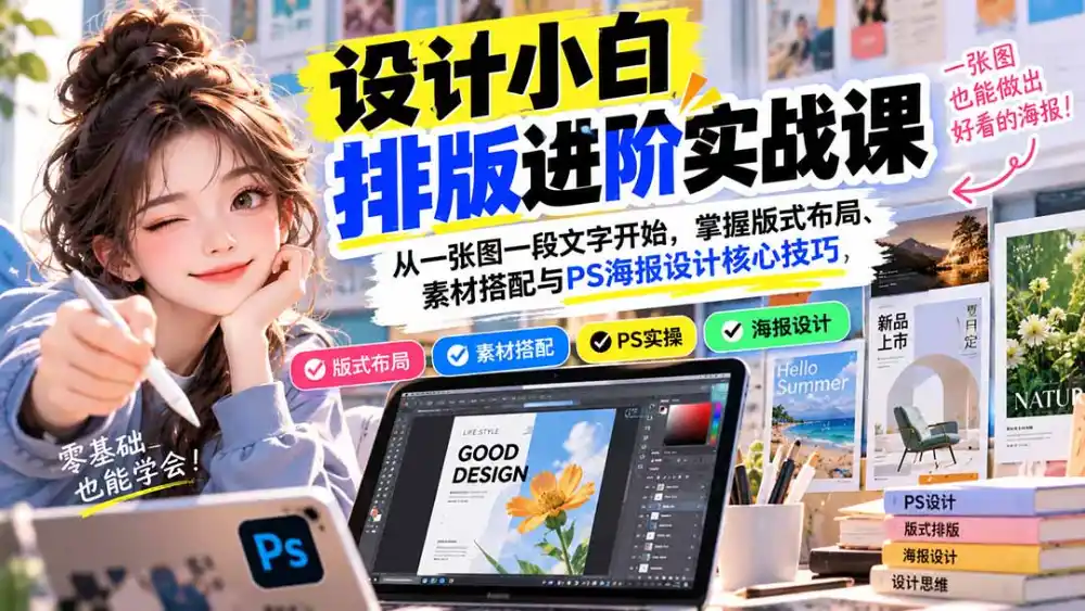 设计小白排版进阶实战课：从一张图一段文字开始，掌握版式布局、素材搭配与PS海报设计核心技巧-星云网创
