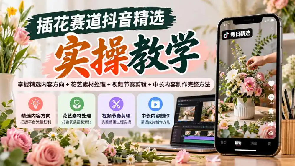 插花赛道抖音精选实操教学:掌握精选内容方向+花艺素材处理+视频节奏剪辑+中长内容制作完整方法-星云网创