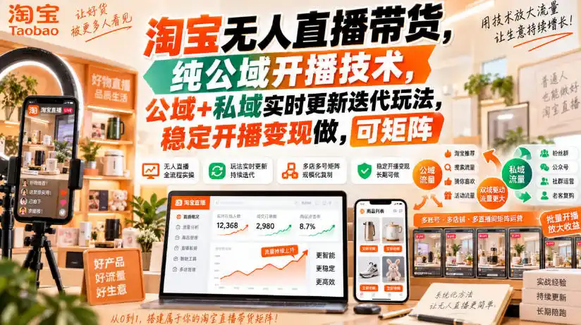 淘宝无人直播带货，纯公域开播技术，公域+私域实时更新迭代玩法，稳定开播变现做，可矩阵【揭秘】-星云网创