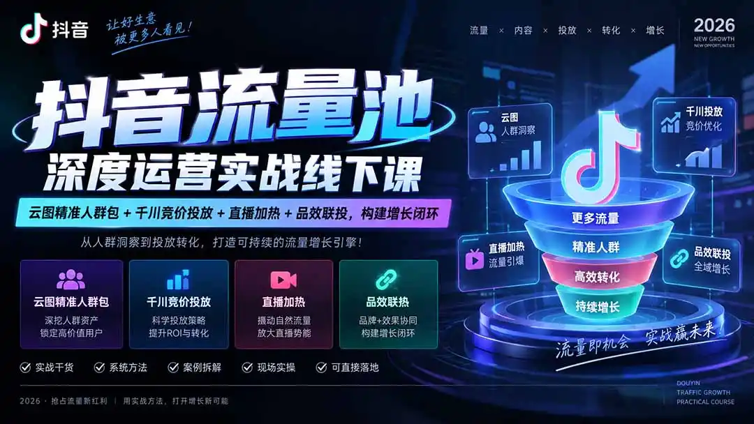 抖音流量池深度运营实战线下课|云图精准人群包+千川竞价投放+直播加热+品效联投,构建增长闭环-星云网创