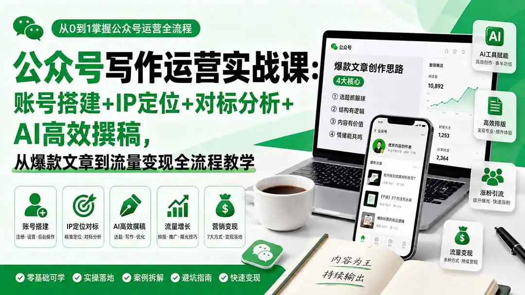 公众号写作运营实战课：账号搭建+IP定位+对标分析+AI高效撰稿，从爆款文章到流量变现全流程教学-星云网创
