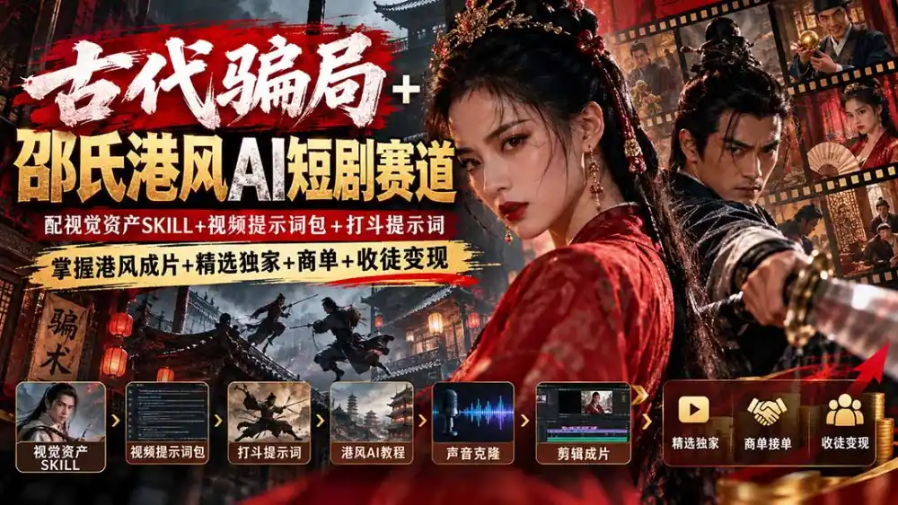 古代骗局+邵氏港风AI短剧赛道：配视觉资产SKILL+视频提示词包+打斗提示词，掌握港风成片+精选独家+商单+收徒变现-星云网创