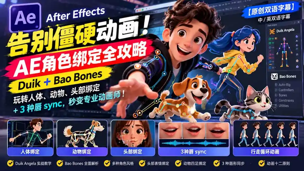 【无水印】告别僵硬动画！AE 角色绑定全攻略：Duik+Bao Bones玩转人体/动物/头部绑定+3种唇sync，秒变专业动画师-星云网创