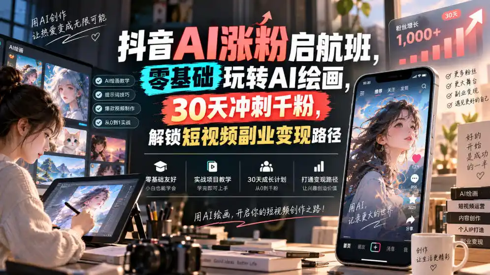 抖音AI涨粉启航班，零基础玩转AI绘画，30天冲刺千粉，解锁短视频副业变现路径-星云网创