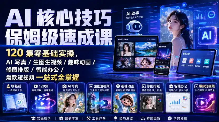 AI核心技巧保姆级速成课｜120集零基础实操，AI写真/生图生视频/趣味动画/修图排版/智能办公/爆款短视频一站式全掌握(更新)-星云网创