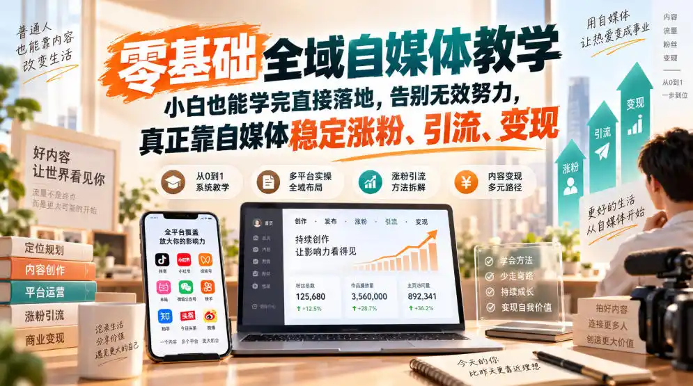 零基础全域自媒体教学，小白也能学完直接落地，告别无效努力，真正靠自媒体稳定涨粉、引流、变现-星云网创