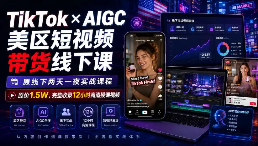 TikTok×AIGC美区短视频带货线下课，原线下两天一夜实战课程，原价1.5W，完整收录12小时高清授课视频-星云网创