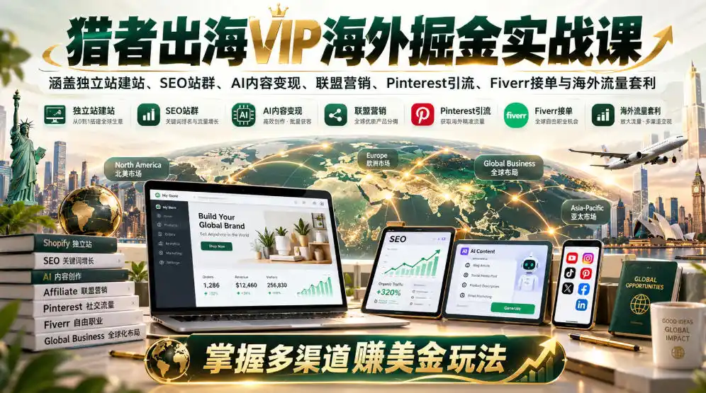 猎者出海VIP海外掘金实战课：涵盖独立站、SEO站群、AI变现、联盟营销、Pinterest引流、Fiverr接单与海外流量套利，掌握多渠道賺美金玩法-星云网创