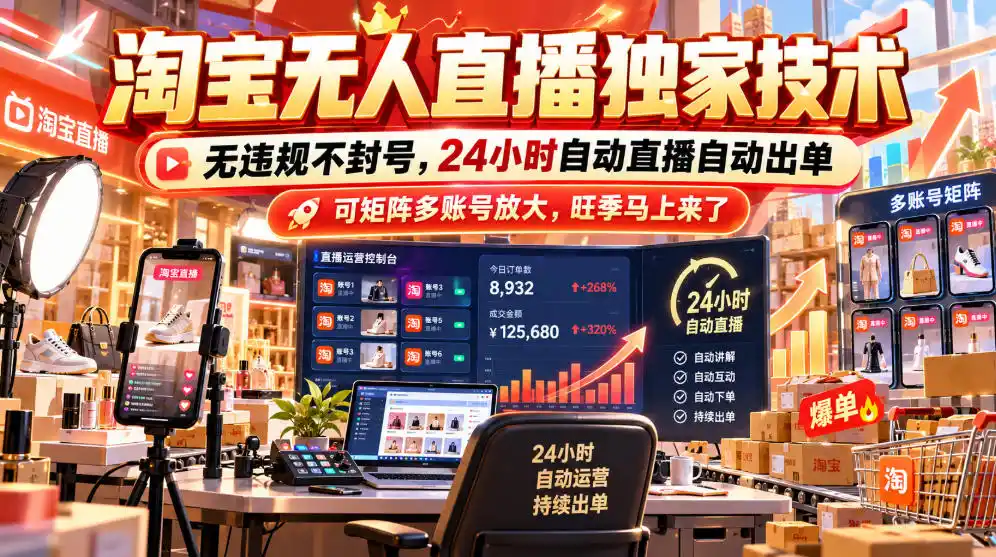 淘宝无人直播独家技术，无违规不封号，24小时自动直播自动出单，可矩阵多账号放大，旺季马上来了【揭秘】-星云网创