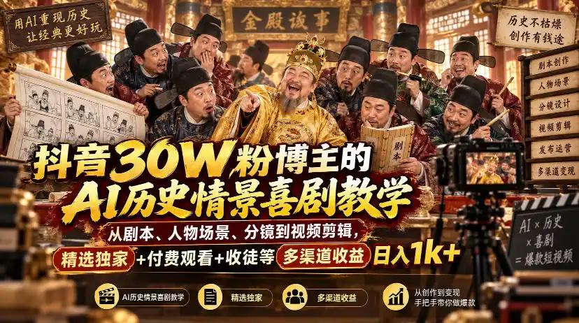 抖音30W粉博主的AI历史情景喜剧教学，从剧本、人物场景、分镜到视频剪辑，精选独家+付费观看+收徒等多渠道收益日入1k+-星云网创