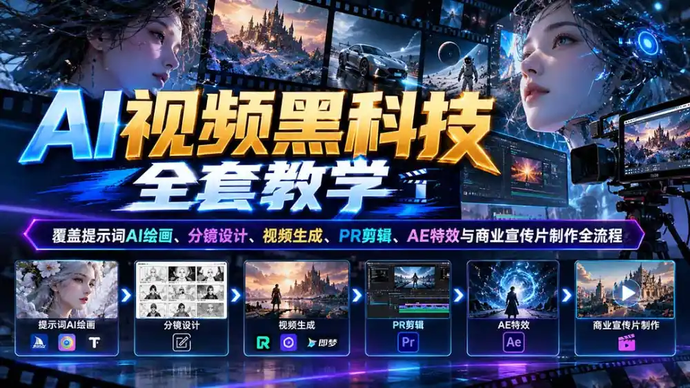 AI视频黑科技全套教学：覆盖提示词AI绘画、分镜设计、视频生成、PR剪辑、AE特效与商业宣传片制作全流程-星云网创