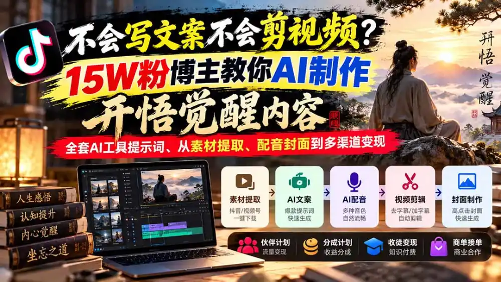 不会写文案不会剪视频？15W粉博主教你AI制作开悟觉醒内容，全套AI工具提示词、从素材提取、配音封面到多渠道变现-星云网创