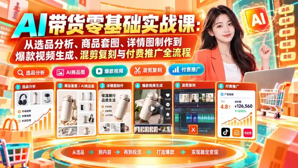 AI带货零基础实战课：从选品分析、商品套图、详情图制作到爆款视频生成、混剪复刻与付费推广全流程-星云网创
