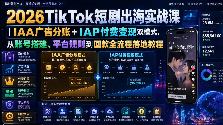 2026TikTok短剧出海实战课｜IAA广告分账+IAP付费变现双模式，从账号搭建、平台规则到回款全流程落地教程-星云网创